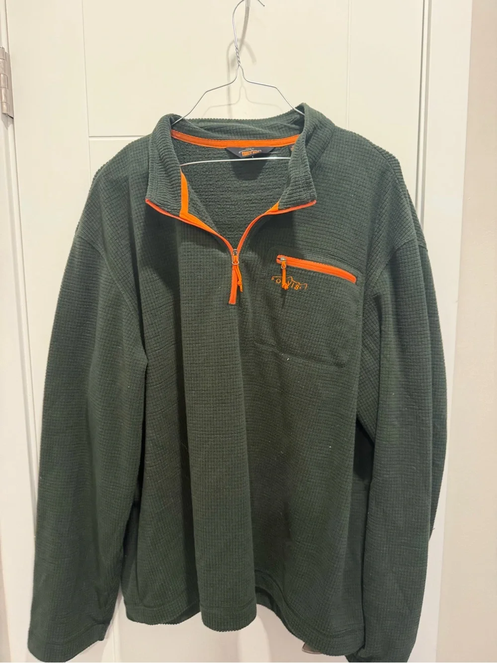 Orvis Olive Green Quarter-Zip Fleece with Orange Trim